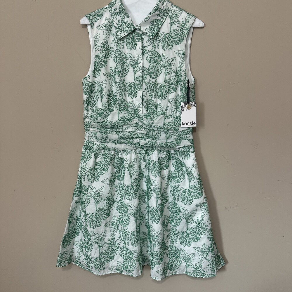 Kensie Women’s Size 8 Sleeveless Tropical Leaf Print Shirt Dress NWT White Green
